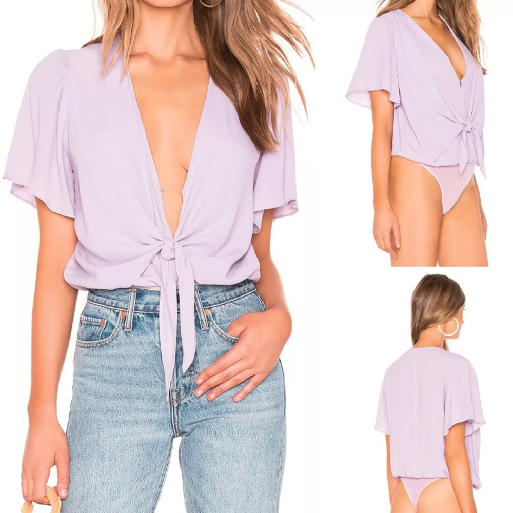 Revolve ASTR The Label Cory Bodysuit Lavender Flutter Sleeve V-neck Womens S Top